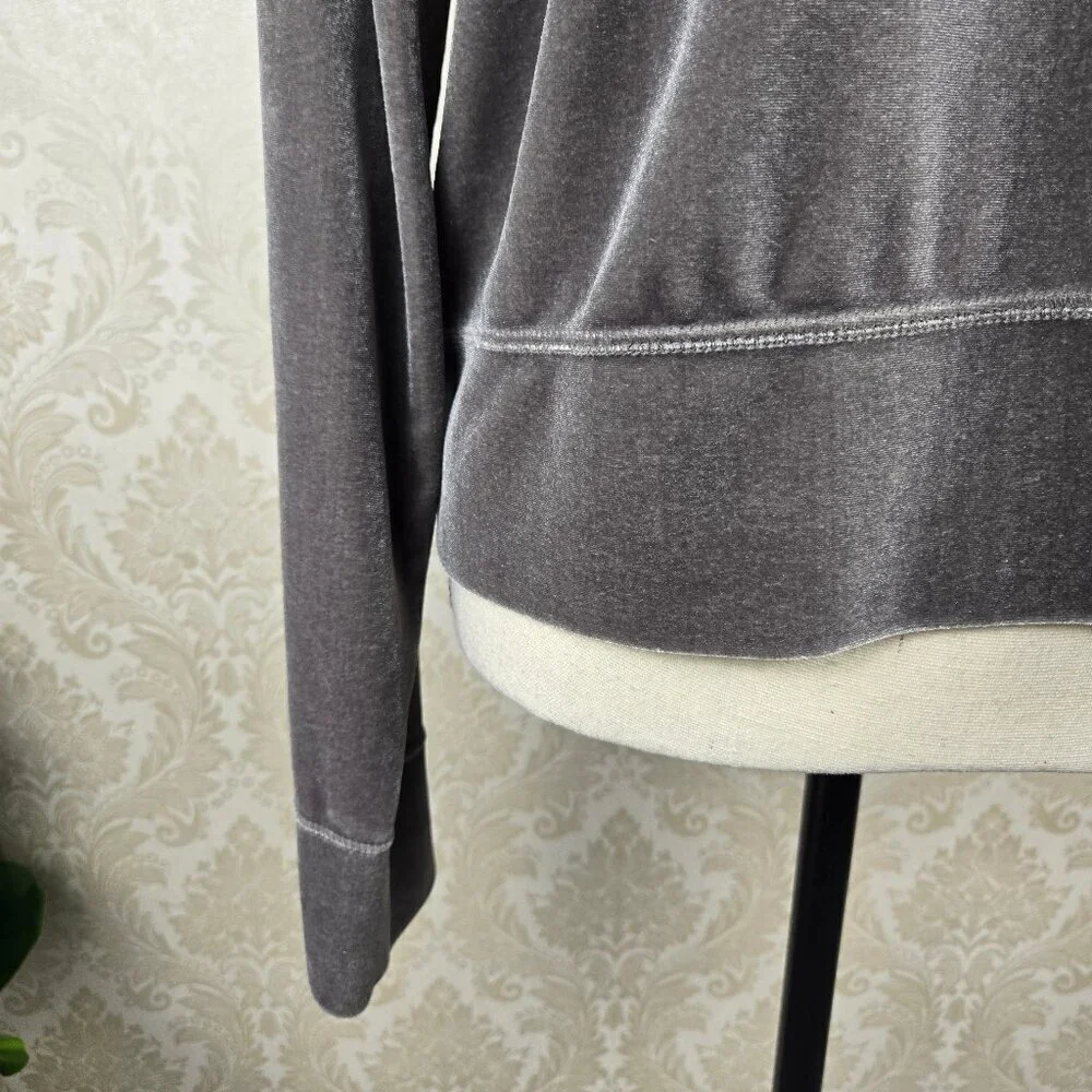 DKNY Sz Large Gray Velour Zip Front Casual Jacket Drawstring Hood Front Pockets